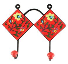 Red With Forest Green Leaf Flower Ceramic Tile Hook