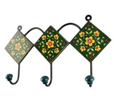 Ceramic Floral Tile Hook in Forest Green