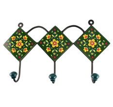 Ceramic Floral Tile Hook in Forest Green