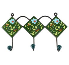 Forest Green Leaf Ceramic Floral Tile Wall Hook