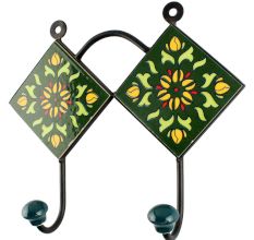 Ceramic Floral tile Hook in Forest Green