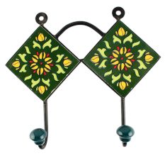 Ceramic Floral tile Hook in Forest Green