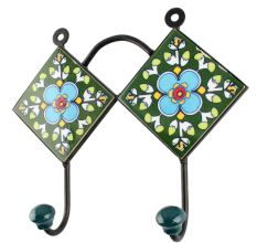 Turquoise Floral Ceramic Tile Wall Hook