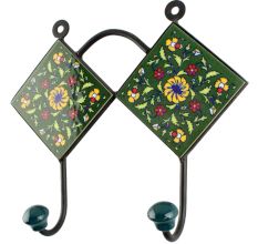 Ceramic Flower Tile Hook in Forest Green