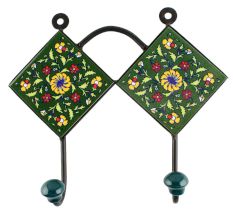 Ceramic Flower Tile Hook in Forest Green