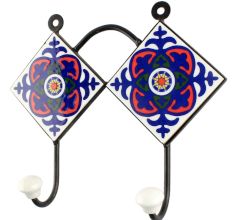 Navy Blue Floral Ceramic Tile Hook