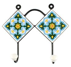 Turquoise Floral Ceramic Tile Hook