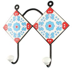 Ceramic Floral Tile Hook in Turquoise