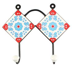 Ceramic Floral Tile Hook in Turquoise
