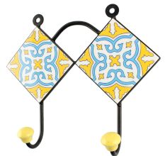Yellow With Turquoise Floral Ceramic Tile Wall Hook