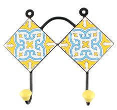 Yellow With Turquoise Floral Ceramic Tile Wall Hook