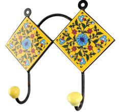Ceramic Flower Tile Hook in Yellow And Turquoise
