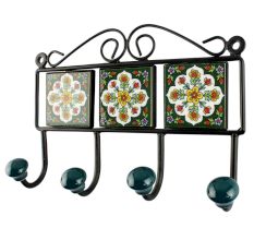 Forest Green with white Ceramic Floral Tile Hook