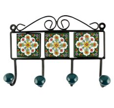Forest Green with white Ceramic Floral Tile Hook