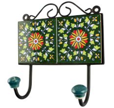 Wheel Flower Ceramic Tile Wall Hook in Forest Green