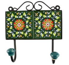 Wheel Flower Ceramic Tile Wall Hook in Forest Green