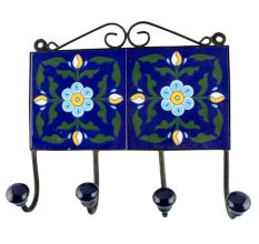 Navy Blue Ceramic Floral Tile Wall Hook Online