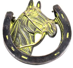 Brass Horse Shoe Door Knocker With Green patina