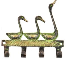 Brass Three Ducks Four Wall Hooks With Patina