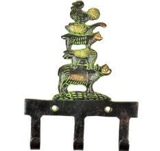 Brass Wall Key Holder Cow Pig Dog Duck Rooster Farm Animals 3 hooks With Patina