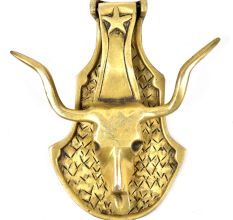 Golden Bull Head Knocker With Horns On An Engaved Base Plate