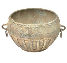 Tribal Etched Design On Brass Bowl With Ring Handles