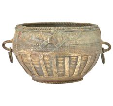 Tribal Etched Design On Brass Bowl With Ring Handles