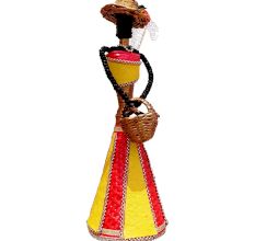 African Doll Showpiece In Red And Yellow With Holding Basket With Two Hands