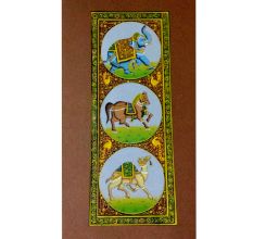 Handmade Miniature painting : Standing Trio of Elephant â€“Horse and Camel