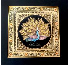 Handmade Miniature painting of Golden Dancing Peacock Combo