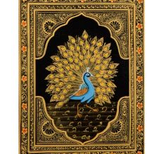 Handmade Miniature painting of Golden Dancing Peacock on silk cloth