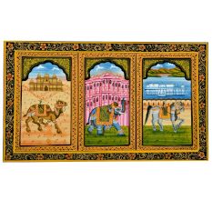 Handmade Miniature painting of decorative Elephant â€“Horse-Camel Trio