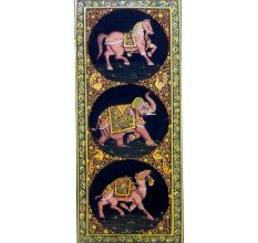 Handmade Miniature painting : Golden Trio of Elephant â€“Horse and Camel