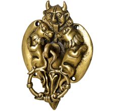 Decorative Brass Demon Head With Two Lion Figurines Door Knocker