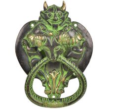 Handmade Brass Demon Two Lions Ram Head Door Knocker With Green Patina