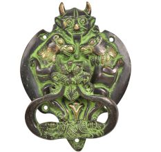 Brass Demon Two Elephants Dragon Head Door Knocker With Green Patina