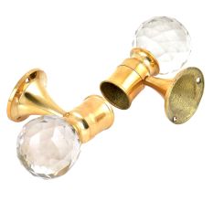 Set Of 2 Transparent Globe Crystal Curtain Pole Finials With Golden Brass Bracket