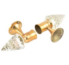 Set Of 2 Transparent Conical Crystal Curtain Pole Finials With Golden Brass Bracket