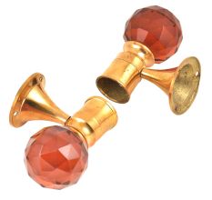 Set Of 2 Red Globe Crystal Curtain Pole Finials With Golden Brass Bracket