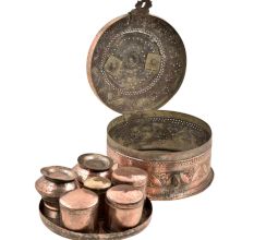 Copper Engraved Leaves Round Beetal Nut Box with Handle