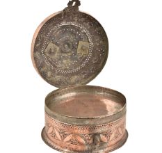 Copper Engraved Leaves Round Beetal Nut Box with Handle