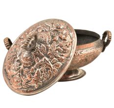 Engraved Kashmiri Copper Rice Bowl With Lid And Handles