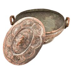 Engraved Floral Design Kashmiri Copper Rice Bowl With Lid And Handles