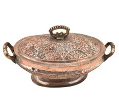Vintage Floral Design Kashmiri Copper Rice Bowl With Lid And Handles