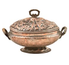 Engraved Leaf Kashmiri Copper Rice Bowl With Lid And Handles