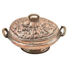 Engraved Leaf Kashmiri Copper Rice Bowl With Lid And Handles