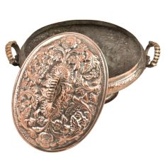 Engraved Leaf Kashmiri Copper Rice Bowl With Lid And Handles