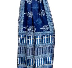 Indigo And White Block Printed Cotton Saree With Blouse Piece