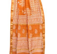 Orange Chanderi Block Print Saree With Golden Border And Bouse Piece