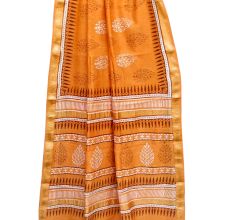 Orange Chanderi Block Print Saree With Leaf Motif With Golden Border And Bouse Piece